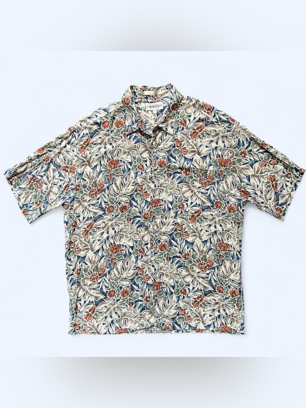 Men's Casual Floral Button-Down Shirt - Beige with Rust & Blue